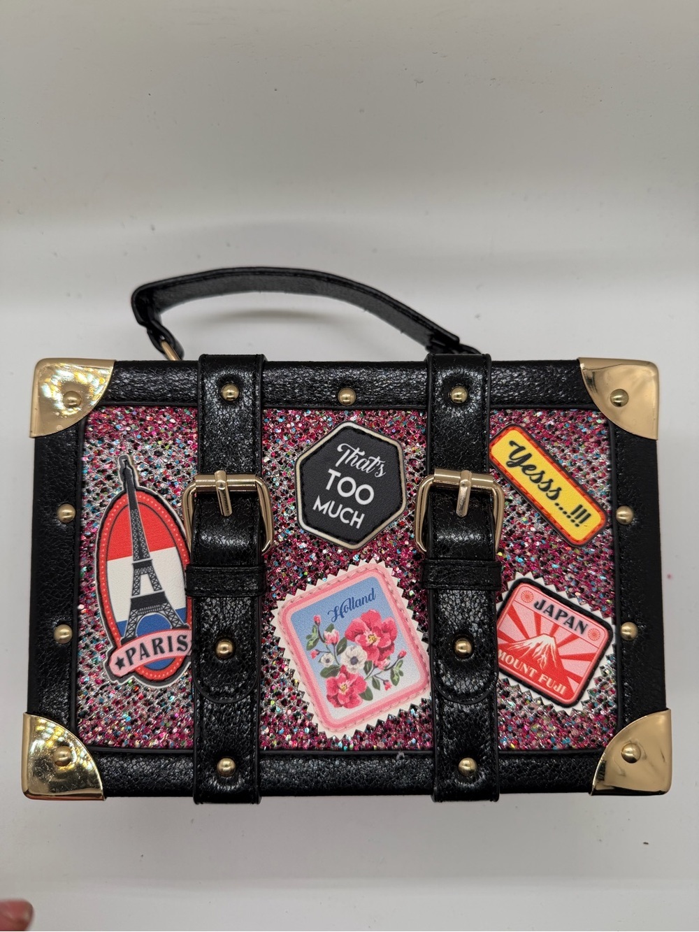 Aldo Pink Glitter Patch Mini Trunk Bag with Black Trim